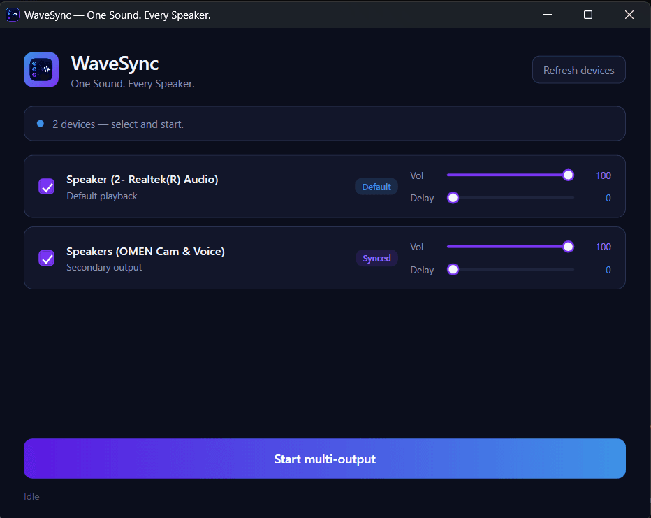WaveSync dark-mode interface displaying primary Realtek and secondary OMEN speakers selected with individual volume and latency delay sliders